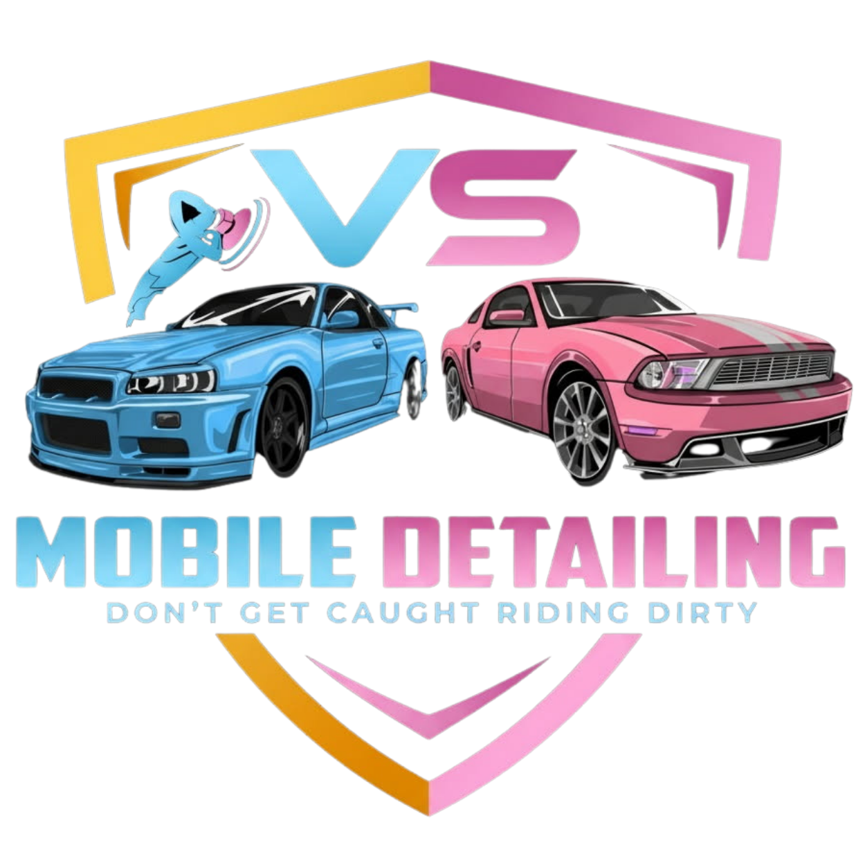 VS Mobile Detailing logo — blue and pink sports cars on a shield emblem