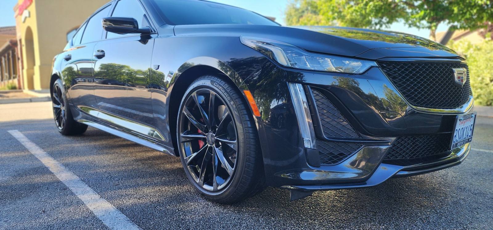 Freshly detailed black Cadillac CT5 gleaming in sunlit parking lot after professional exterior detail